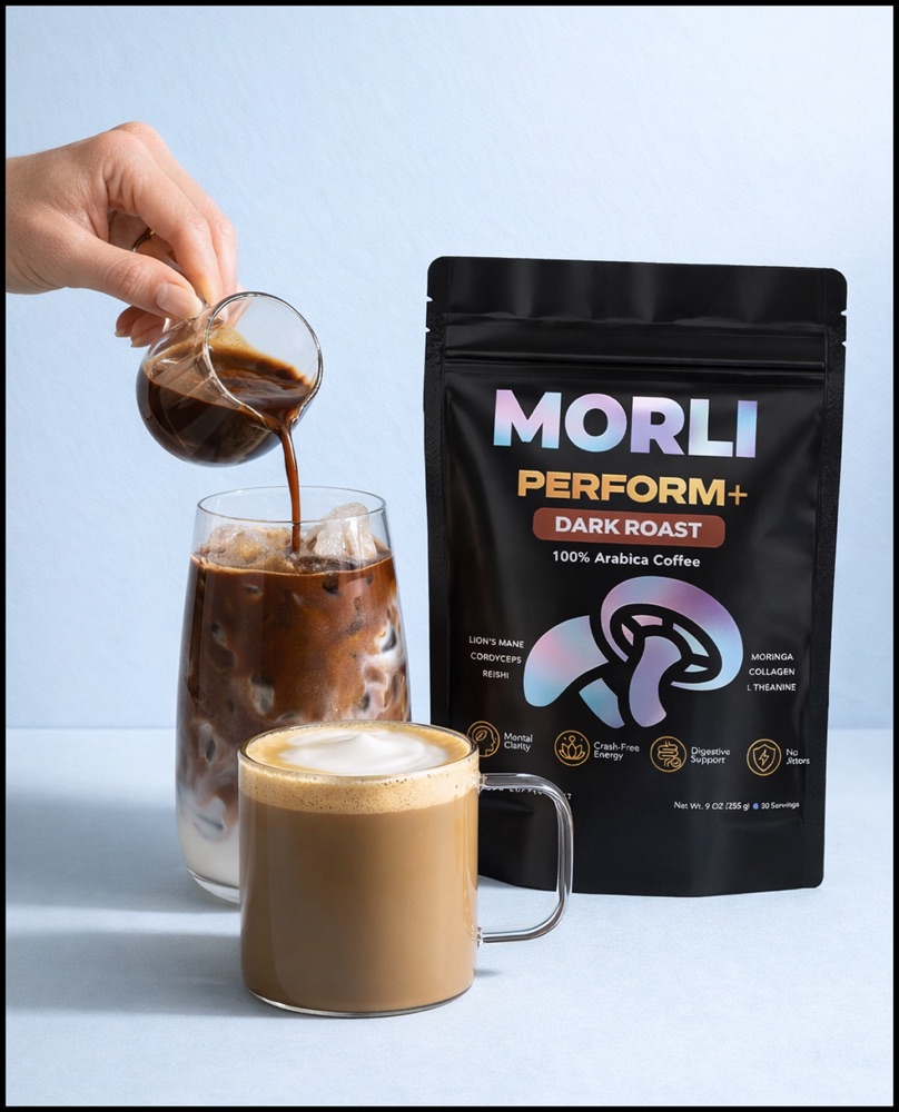 Morli Perform dark roast coffee being poured