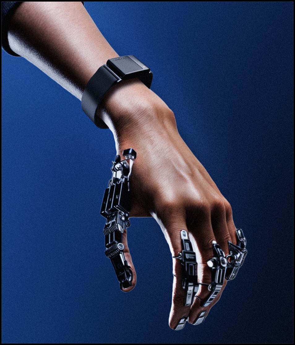 Robotic hand wearing a smart band on a blue background