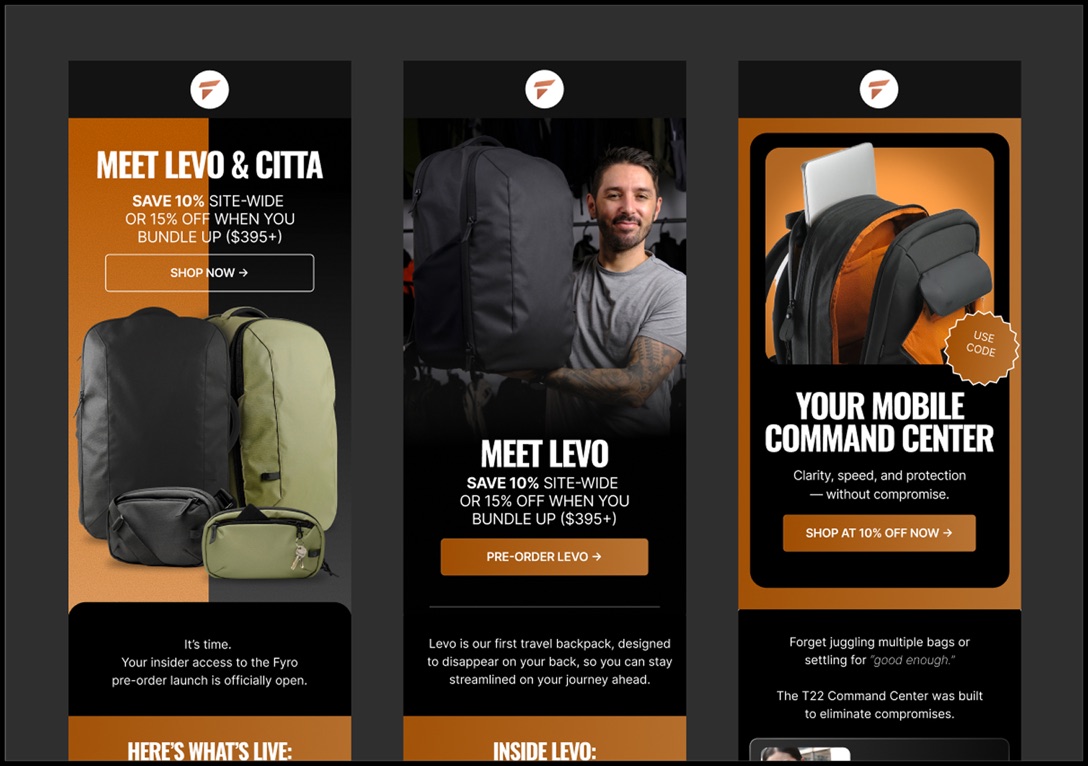 Fyro launch emails for the Levo and Citta backpacks